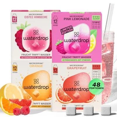 Abbildung von waterdrop® Limonaden Set 48 Waterdrop Würfel in 4 Sorten Zuckerfreier Durstlöscher &amp; Alternative zu Getränkesirup und Geschmackspulver Flavour Drops Geschmack für Wasser ohne Zucker
