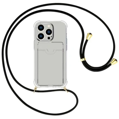 Abbildung von mtb more energy® Handykette mit Kartenfach kompatibel iPhone 15 Pro schwarz/Goldfarbene Ösen Smartphone Hülle zum Umhängen Anti Shock Full TPU Case
