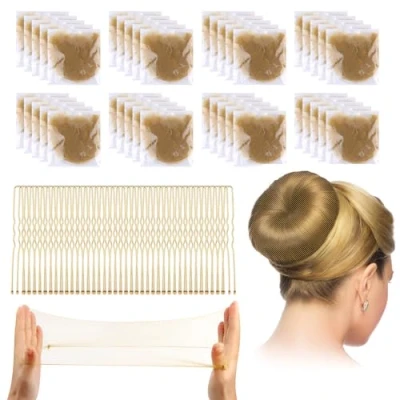 Abbildung von 40 Stück Haarnetz mit Haarnadeln, Dutt, Unsichtbare Haarnetze, Haar Netze für Buns, Bun Kinder Ballett Haarknoten Herstellung (Blond)