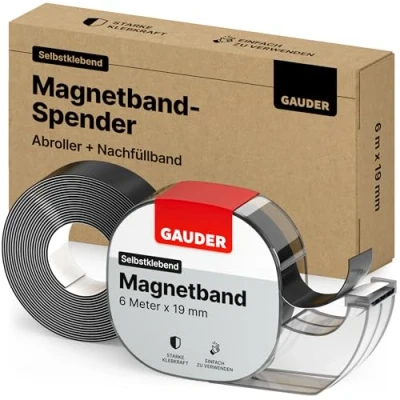 Abbildung von GAUDER Magnetband selbstklebend im Spender (+1x Ersatz Magnetband) I Magnetklebeband Magnetstreifen (6 m)