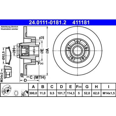Abbildung von ATE 24.0111 0181.2 Bremsscheibe 300,0 11,0 5 114,3 voll beschichtet mit Radlager, ABS Sensorring RENAULT: Laguna III Coupe