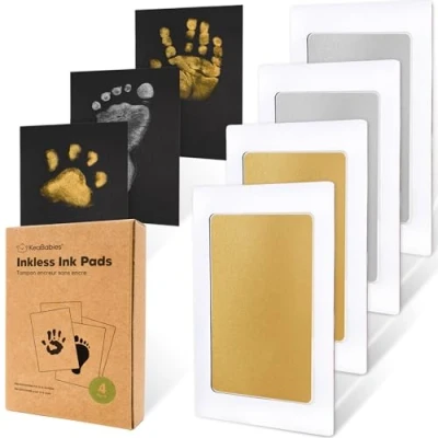 Abbildung von Handabdruck und Fußabdruck Baby Abdruckset 4pcs Tintenloses Stempelkissen Fussabdruck Set, Hand Geschenk Pfotenabdruck Set Hund (Gold/Silver)