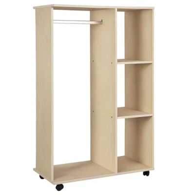Abbildung von HOMCOM Kleiderschrank auf Rollen, Mobile Garderobe, 1 Kleiderstange, 3 Regale, Garderobenschrank für Flur, Schlafzimmer, 80 x 40 128 cm, Natur