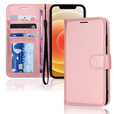 Abbildung von TECHGEAR hülle iPhone 12, 12 Pro Leder PU Flip Schutzhülle Ledertasche [Brieftasche] Handyhülle mit Ständer und Handschlaufe Rosa Kompatible 12/12