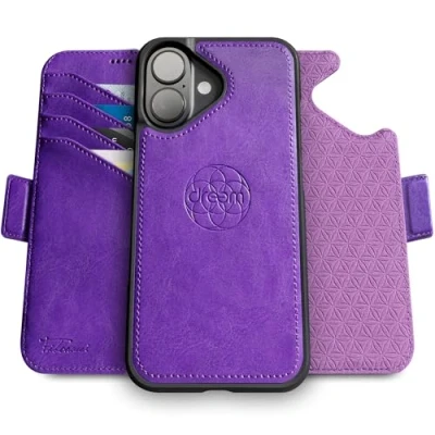 Abbildung von Dreem Fibonacci kompatibel mit iPhone 16 Brieftaschen Etui / 2 in 1 stoßfestes und abnehmbares Folio aus veganem Leder, MagSafe, RFID Schutz [Lila]