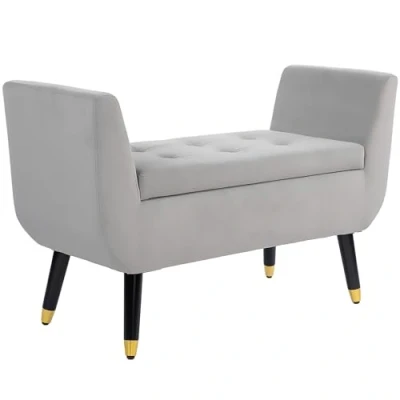 Abbildung von HOMCOM Luxus Sitzbank Polsterbank mit Stauraum Armlehnen Truhenbank Samtartiges Polyester Gummiholz Hellgrau 107 x 42 65 cm