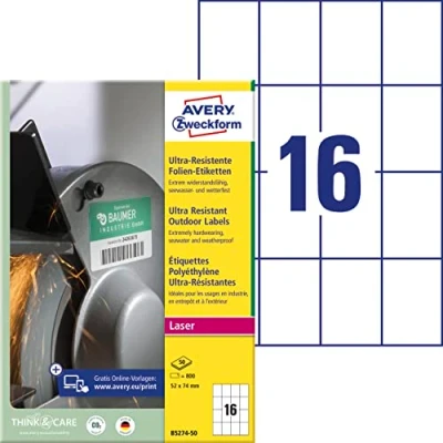 Abbildung von AVERY Zweckform B5274 50 Strapazierfähige Folienetiketten (800 Aufkleber, 52x74mm auf A4, extrem stark selbstklebend, für schwierige Oberflächen, bedruckbare Outdoor Klebefolie) Blatt, weiß