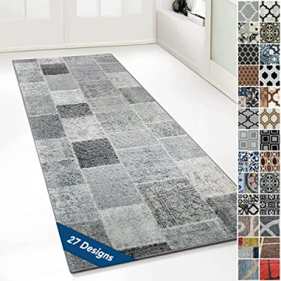 Abbildung von Floordirekt Teppichläufer mit Muster maßgefertigter Feinschlingen Teppich Läufer für Küche, Flur &amp; Wohnraum Ornament Vintage Orient Gitter (80 x 250 cm, Monsano Anthrazit)