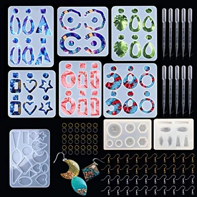 Abbildung von Woohome 9 Stück Ohrring Schmuck Silikonform Gießform Resin Form, 40 Ohrhaken und Biegeringe für Harzschmuck, Anhänger, Harzhandwerk DIY