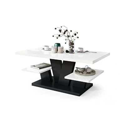 Abbildung von All4All Couchtisch Valerio Wohnzimmertisch Kaffeetisch Tisch mit Ablagen Esszimmertisch Coffee Table 110x60cm 05 Weiß Hochglanz + Schwarz