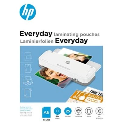 Abbildung von HP Everyday Laminierfolien, DIN A6, 80 Micron, glänzend, transparent, zum Heißlaminieren, 25 Stück, 9156