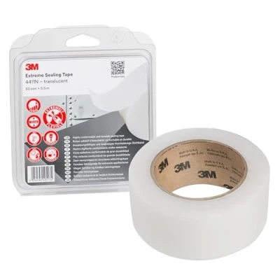 Abbildung von 3M Hochleistungs Dichtband 4411N Haftung bei Kontakt auf vielen Metallen und Kunststoffen ohne Trocknungszeiten, Tropfen oder Verschmutzungen 50mm x 5.5m, transluzent, Dicke 1.0mm (1 Pack)