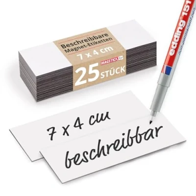 Abbildung von 25 beschreibbare Magnet Etiketten Magstick® I 7 x 4 cm weiß magnetische Beschriftungsfolie beschreibbar Streifen zum Beschriften mag073