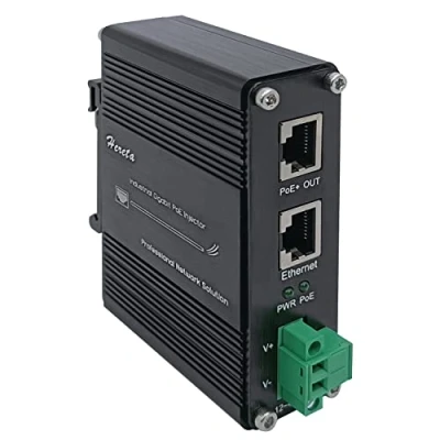 Abbildung von Gehärteter industrieller Gigabit PoE+ Injektor 1248 V DC Eingang mit DIN Schiene und Wandhalterung, die das IEEE 802.3 af/at PoE Gerät (30 W) anschließt