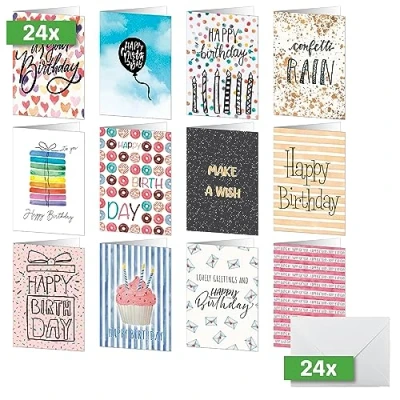 Abbildung von SIGEL DS705 Geburtstags Karten Set, 24 Stück, A6, inkl. weiße Umschläge, 12 unterschiedliche Geburtstagskarten, aus nachhaltigem Papier