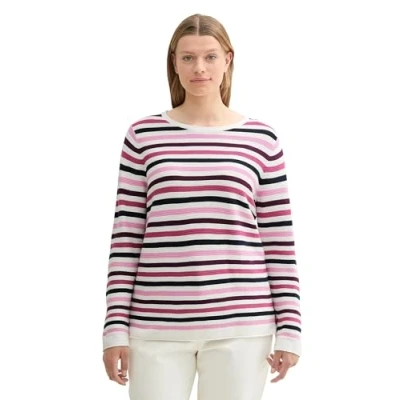 Abbildung von TOM TAILOR Damen 1043734 Plussize Basic Strickpullover aus Bio Baumwolle, 36210 Berry Knit Stripe Design, 52/Grande Taille
