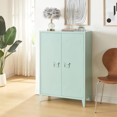 Abbildung von [en.casa] Metallschrank Oripää Wohnzimmerschrank 110 x 75 33 cm Aktenschrank Werkstattschrank mit 2 Türen und höhenverstellbaren Ablagen Pastellgrün