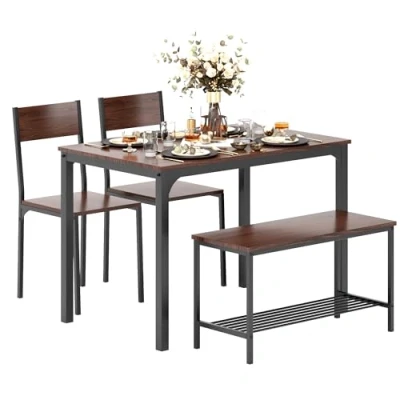 Abbildung von sogesfurniture Essgruppe 4 teilig, mit Esstisch 110 * 70 76cm, 2 Stühlen, eine Sitzbank in Metallgestell, Rechteckig Küchentisch Set Ablagefläche für Wohnzimmer, Esszimmer, Walnuß&amp;Schwarz