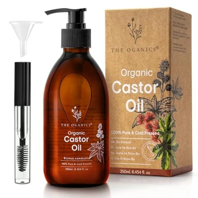Abbildung von THE OGANICS® Castor Oil 250ml Organic 100% Pure, Cold Pressed, Natural for Eyelashes, Eyebrows, Hair &amp; Nails Vegan, Cruelty Free Glass Bottle + Pump Mascara Kit