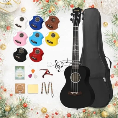 Abbildung von Dripex 23 Zoll Konzert Ukulele, Erwachsene Kinder Ukulele Set Vintage Kleine Gitarre Kit für Anfänger mit Tasche Tuner Gurt Bedienungsanleitung Saite (Schwarz)