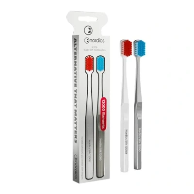 Abbildung von Öko Zahnbürste Silk Soft 2er Pack 12.000 Borsten extrem sanft zu Zähnen und Zahnfleisch Vegan Weiss + Grau Nordics