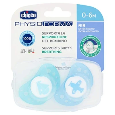 Abbildung von Chicco PhysioForma Air Schnuller, Baby Schnuller 0 6 Monate mit Silikon Sauger, 2 Stück, Unterstützt Physiologische Atmung und Fördert Korrekte Entwicklung des Mundes, blau
