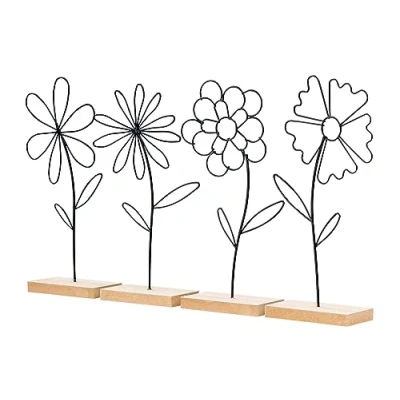 Abbildung von levandeo 4er Set Blume Aufsteller Metall MDF Schwarz Natur Draht Deko Tischdeko Frühling Figur Wohndeko