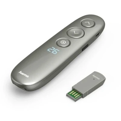 Abbildung von Hama Wireless Presenter digitaler Laserpointer mit Air Maus und Timer (Fernbedienung Powerpoint Präsentation 20m Reichweite 2,4 GHz inkl. 2GB Speicherkarte, 3 Monate Akkulaufzeit, auch für Videocalls)