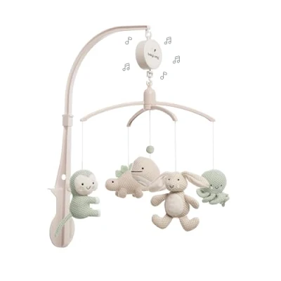 Abbildung von Baby&#039;s Only Musik Mobile Baby Animals mit gestrickten Tieren Spieluhr Einfach anzubringen Sanfte Farben Jungen und Mädchen Laurel/Warm Linen