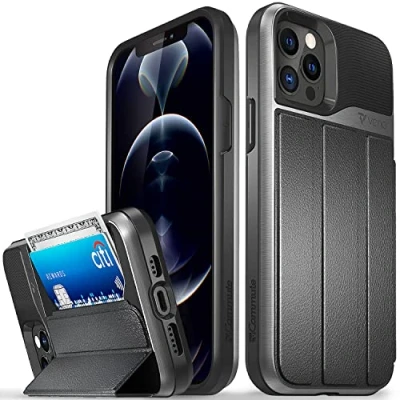 Abbildung von Vena vCommute Brieftasche Hülle Kompatibel mit Apple iPhone 12 / Pro (6,1 &quot; inch), (Militärqualität, Kartenfach) HandyHülle Standfunktion, Leder Flip Etui Schutzhülle Grau