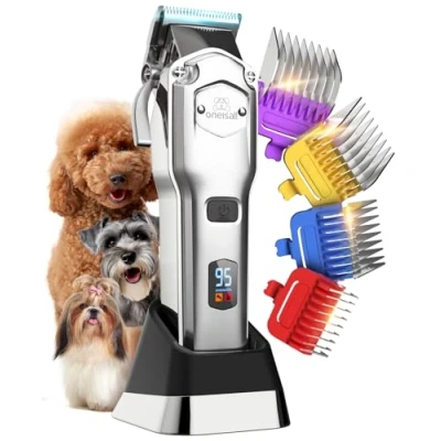 Abbildung von oneisall Leise Hundeschermaschine mit Metall Führungskamm, Schermaschine Hund profi kabellos, Hochleistungs Tierhaarschneidemaschine für Dickes/Lockiges/Feines/Langes/Gewelltes Haar (Silber)
