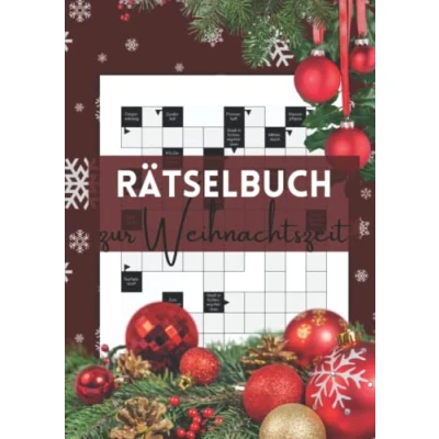 Abbildung von Rätselbuch zur Weihnachtszeit: Kreuzworträtsel mit großer Schrift und schweren Fragen für Erwachsene Senioren