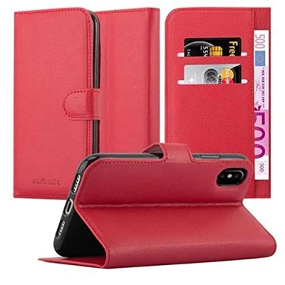 Abbildung von Cadorabo Hülle kompatibel mit Apple iPhone X/XS Handyhülle aus Premium Kunst Leder Flip Klappbare Stoßfeste Magnetische [Standfunktion] [Kartenfächern] Cover für Tasche in Rot