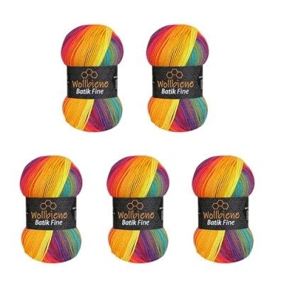 Abbildung von 5 x 100g Wollbiene Batik Fine 500 Gramm Wolle mit Farbverlauf mehrfarbig Multicolor Strickwolle Häkelwolle (5910 regenbogen)