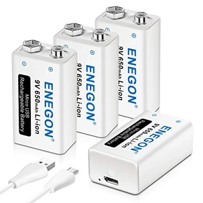 Abbildung von ENEGON Akku 9 V USB Direct wiederaufladbar Lithium Ionen mit Micro Kabel 2 in 1 für Mikrofon, Rauchmelder, elektronisches Spielzeug, Walkie Talkie und andere Geräte, 4 Stück