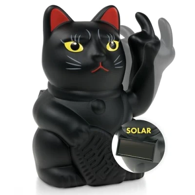 Abbildung von ANGRY CAT Mini Winkekatze Lucky SOLAR betrieben Lustige winkende Katze japanische Winkkatze mit Stinkefinger Dekoartikel Wackelfigur Winke Arm Mittelfinger 10cm schwarz