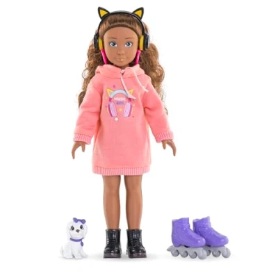 Abbildung von Corolle Girls Melody Music und Fashion Set, Ankleidepuppe im coolen Hoodiekleid mit Hund, trendy Kopfhörer, Ohrringe extra Inlineskates, Vanilleduft, 28cm, ab 4 Jahren