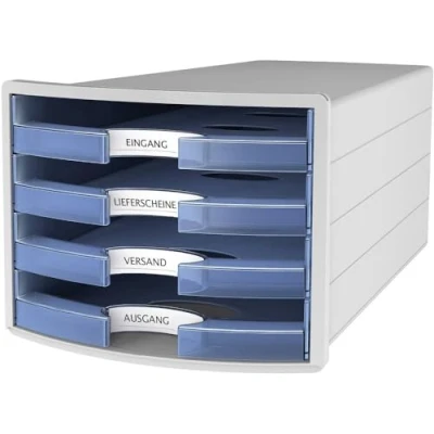 Abbildung von HAN Schubladenbox IMPULS 2.0 mit 4 offenen Schubladen für DIN A4/C4 inkl. Beschriftungsschilder, Auszugsperre, möbelschonende Gummifüße, premium Qualität, 1013 64, lichtgrau / transluzent blau