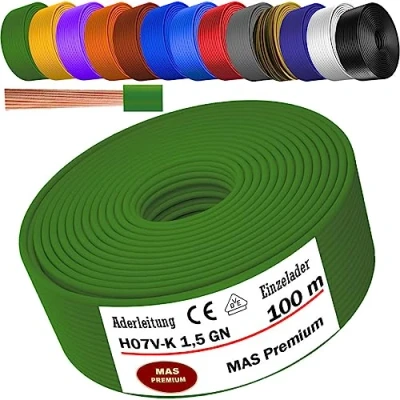 Abbildung von MAS Premium Von 5 bis 100m Aderleitung H07 V K 1x1,5 mm² SW, HBL, GNGE, GN, RT, DBL, BR, OR, GR, WS, VIO, U MAR.BL oder GE Einzelader flexibel (Grün, 100m)