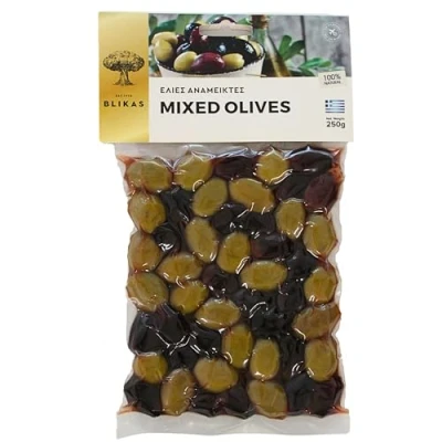 Abbildung von Blikas Griechische Gemischte Grüne und Schwarze Kalamata Oliven, Packung mit 2 x 250 g (insgesamt 500 g)