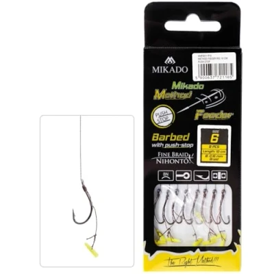 Abbildung von 8 x MIKADO Method Feeder Haken Rig `s mit Quick Stop und geflochtener Schnur in den Größen 4 bis 16 erhältlich (10 /Ø 0,12mm /8,8kg)