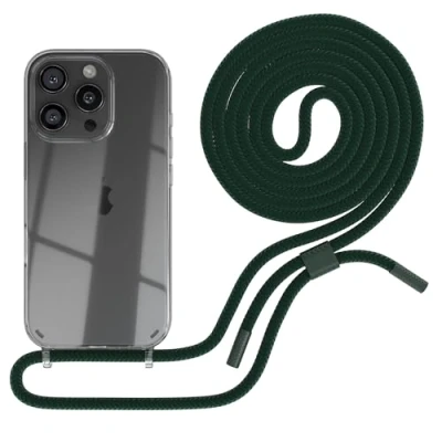 Abbildung von EAZY CASE Handykette kompatibel mit iPhone 16 Pro dünne Handyhülle für Apple Hülle Band als Fallschutz Kette zum Umhängen transparente Silikon in Pinien Grün Transparent