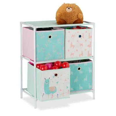 Abbildung von Relaxdays Kinderregal mit 4 Boxen, Jungen &amp; Mädchen, Lama Design, Regal Kinderzimmer, Spielzeug, HBT 62 x 53 30, bunt