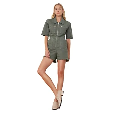 Abbildung von Trendyol Damen Beli Rubber Denim Shorts Overall, Khaki, S EU