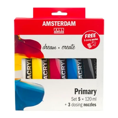 Abbildung von Amsterdam Standard Serie Acrylfarben Mischset (5 x 120 ml Tuben) Grundfarben + Schwarz &amp; Weiß 3 gratis Dosierverschlüssen