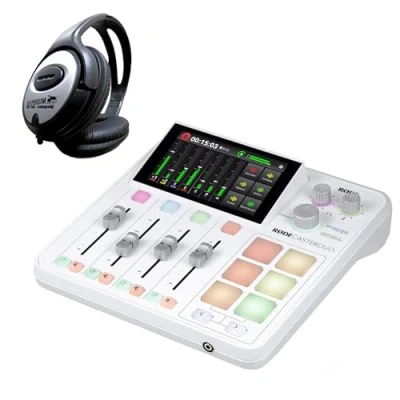 Abbildung von Rode Rodecaster Duo Audio Production Studio für Podcasts, Streaming, Content Creation Weiss + keepdrum Kopfhörer