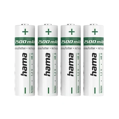 Abbildung von Hama Akku Batterien AA aufladbar, 4 Stück (mit hoher Kapazität, 2500 mAh, 1,2 V, wiederaufladbar, geringe Selbstentladung, Mignon, NiMH Akkus, für schnurlose Telefone, Fernbedienung etc.)