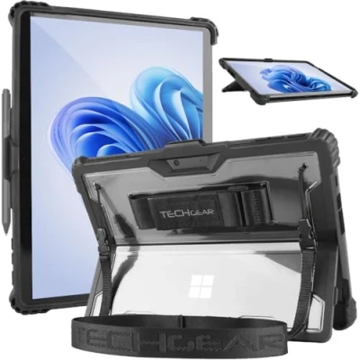 Abbildung von TECHGEAR DuraTUFF Hülle kompatibel mit Microsoft Surface Pro 9 / 10 [Signature Keyboard kompatibel] Robuste, stoßfeste Schutzhülle Handschlaufe, Schultergurt, Ständer und Stifthalter