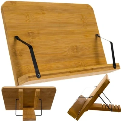 Abbildung von MALATEC Buchstütze Tablet Laptop Ständer: Flexibel verstellbarer Halter Buchständer (Bambus Set, 1x Bambus Buchständer), Bambusständer für Bücher und Geräte: Stabil, verstellbar, platzsparend