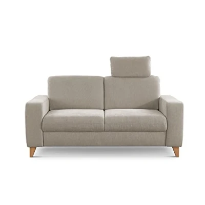 Abbildung von CAVADORE 2er Sofa Lotta / Skandinavische 2 Sitzer Couch mit Federkern, Kopfstütze und Holzfüßen 173 x 88 Webstoff, Creme